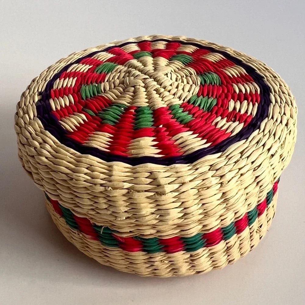 Vintage Handwoven Straw Trinket Basket with Lid Red Green Purple Boho Decor